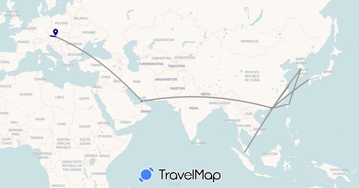 TravelMap itinerary: driving, plane, train, boat in United Arab Emirates, Austria, China, Hong Kong, Japan, South Korea, Macau, Malaysia, Taiwan (Asia, Europe)